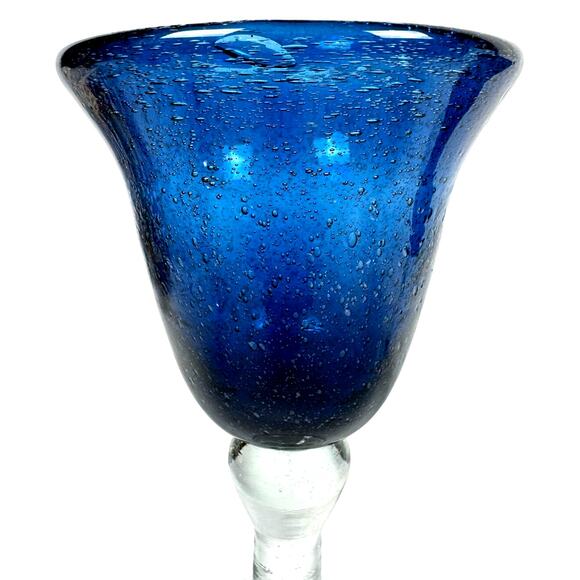 Tabletops Unlimited Corsica Hand-Blown Blue Seeded Chalice Water Goblets-Set 4 - Picture 4 of 6